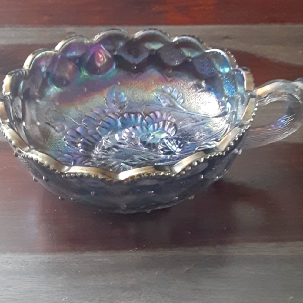 IMPERIAL CARNIVAL GLASS Purple Green Pansy Diamond Quilt Nappy Bowl